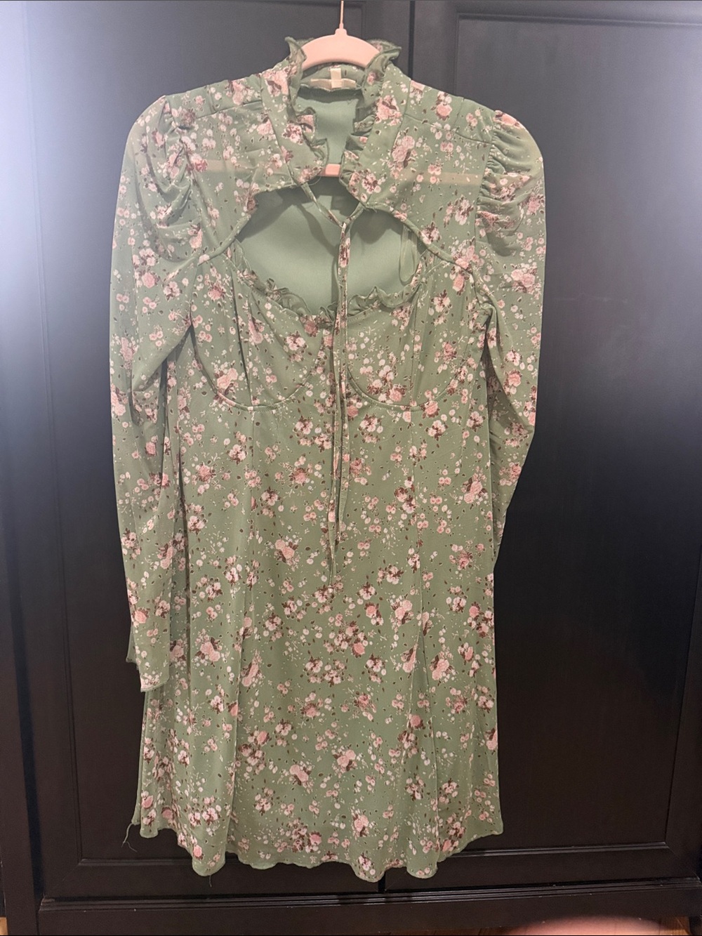 Ultra Flirt Sage Green Floral Long Sleeve Tie-Front Dress